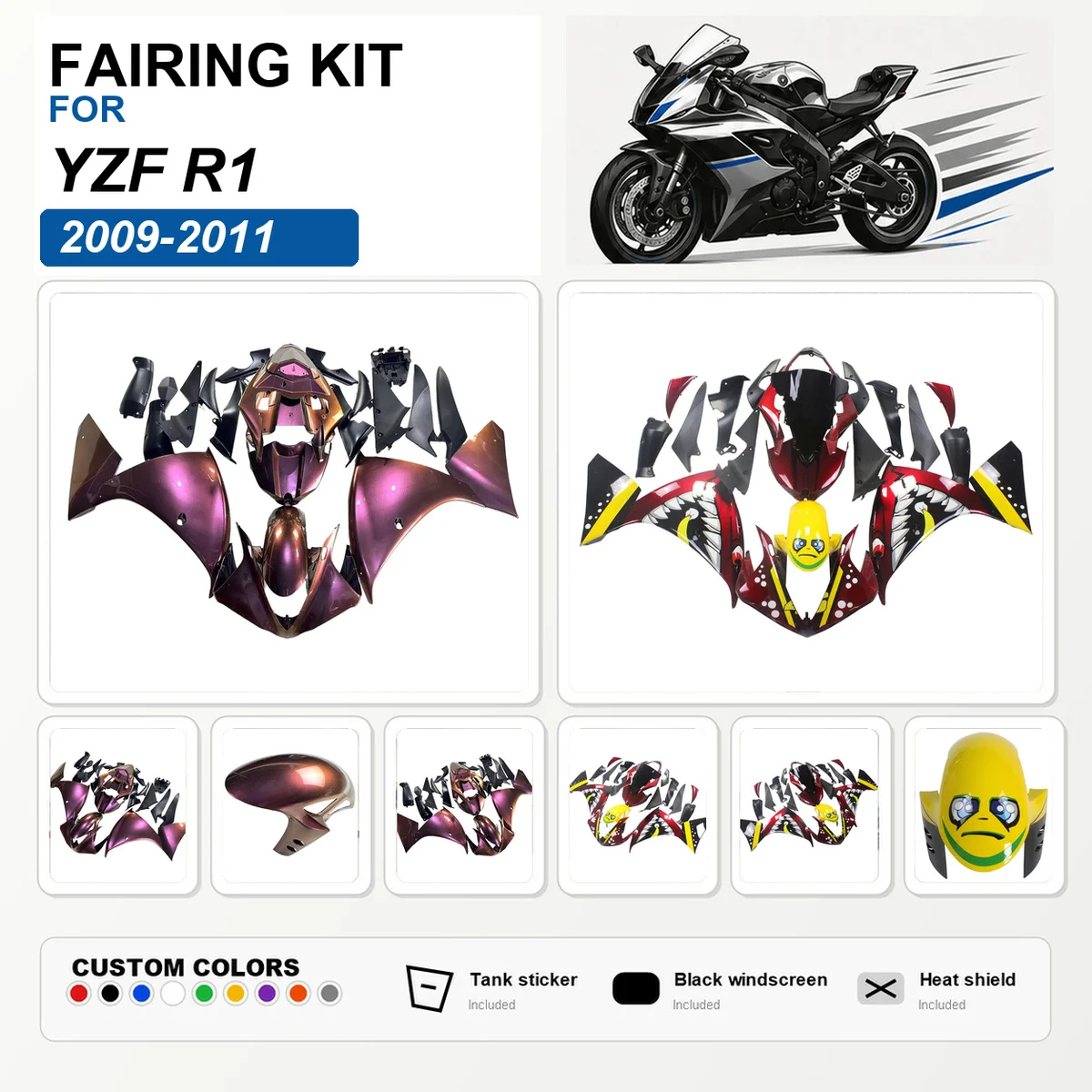 For YZF R1 2009 2010 2011 Full Fairing Kit ABS Plastic Motorcycle Fairings Bodywork Cowling Custom Purple