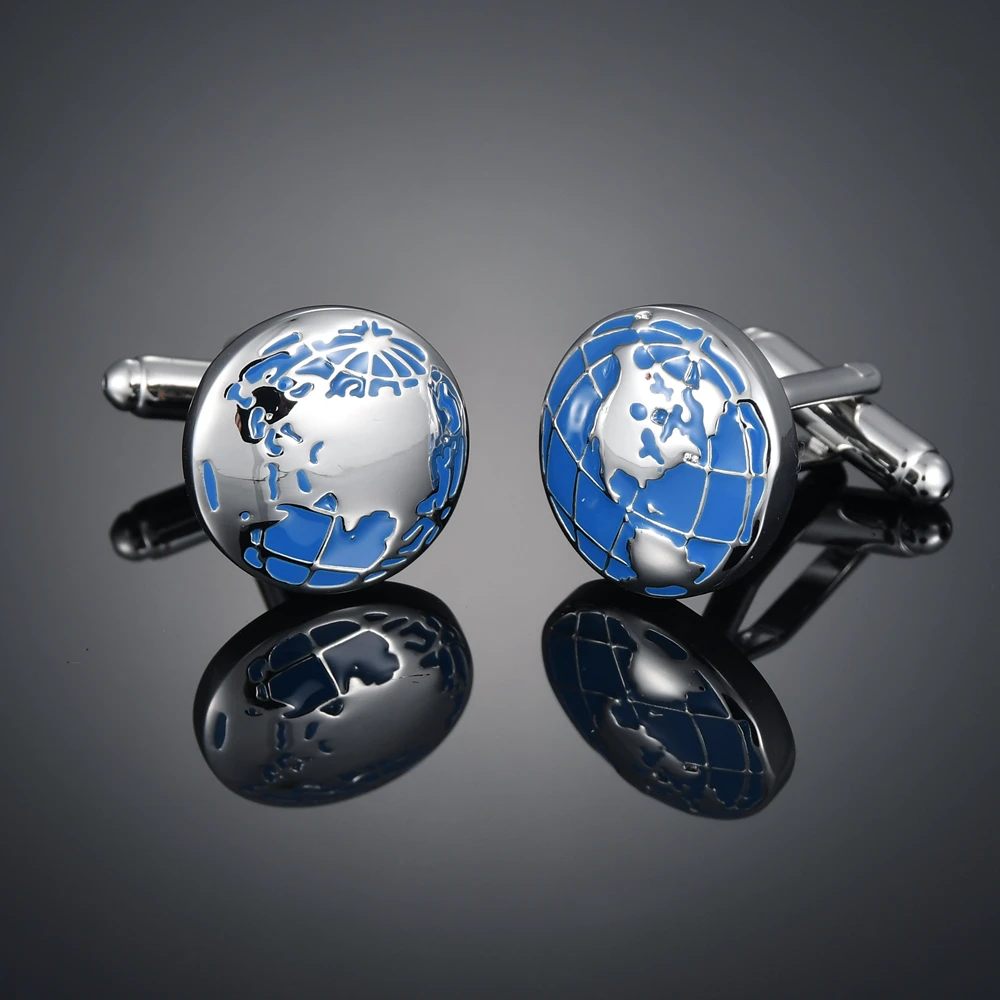 World Map Shaped Blue Silver Color Copper Cufflinks Fashion Shirt Mens Gift Wedding Cuff Buttons High Quality Male Jewelry