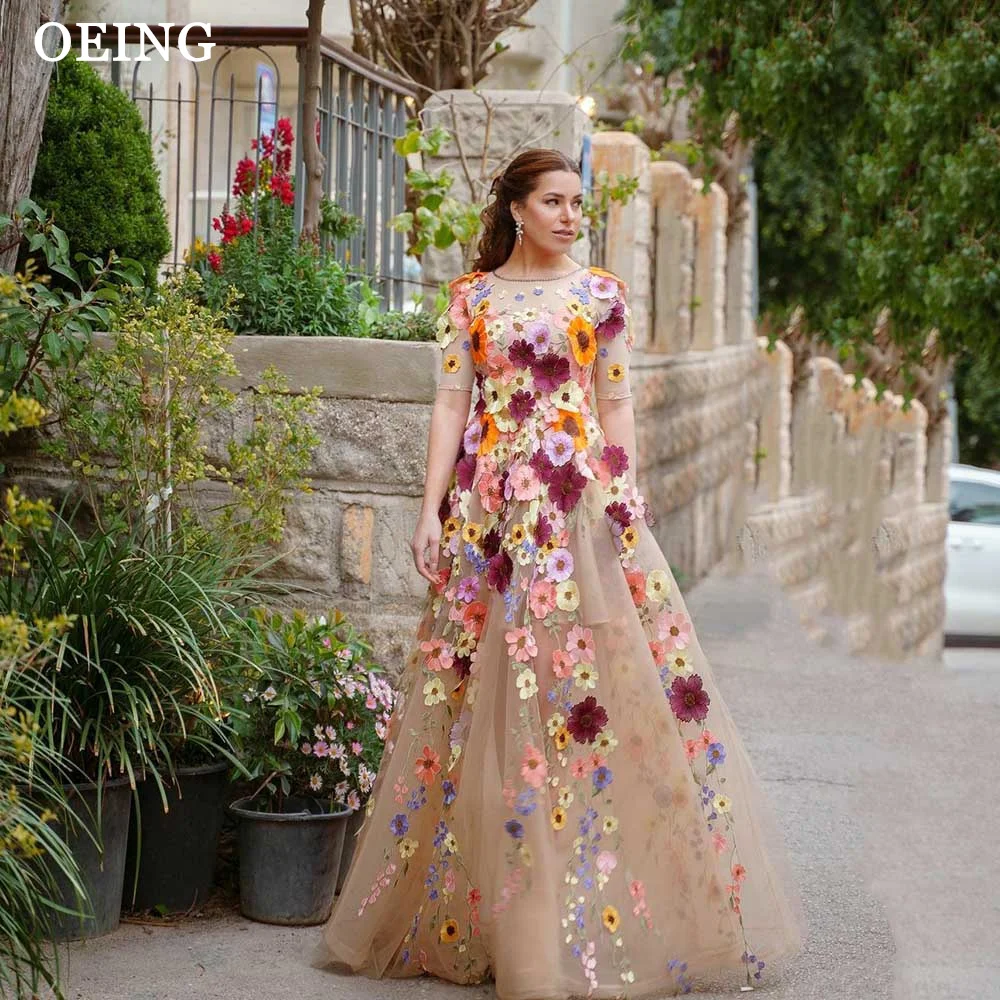 OEING Ldyllic Flowers A-line Prom Dress 2024 O Neck 3D Lace Short Sleeves Wedding Dress Elegant Floor Length Party Dress Gala