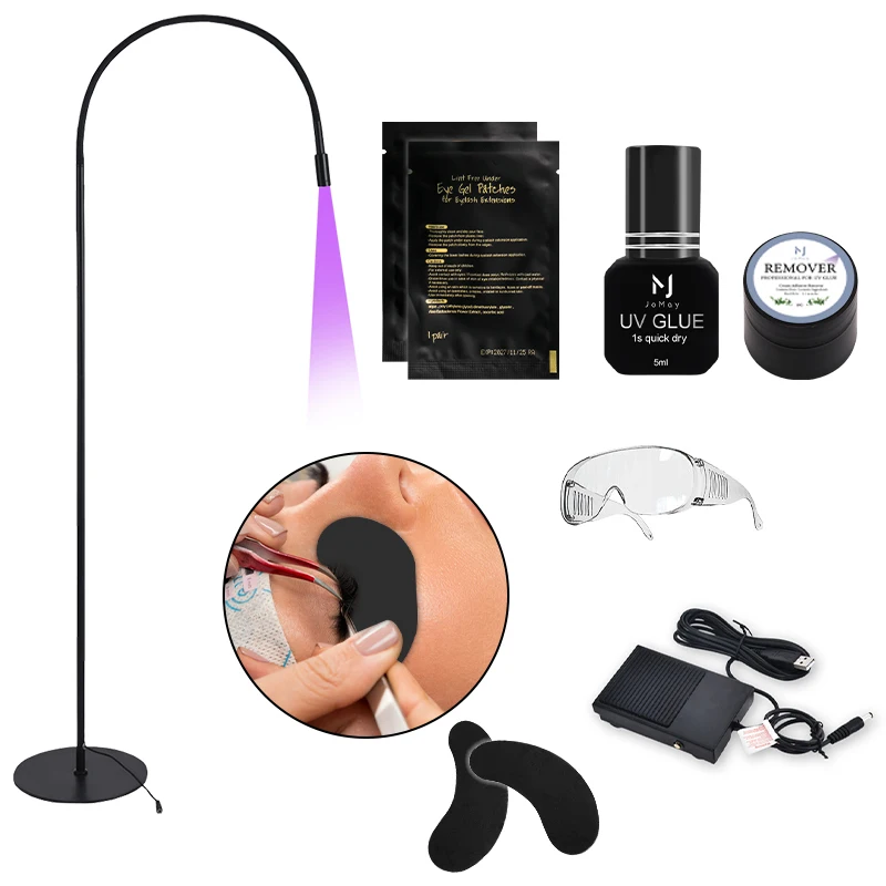 Jomay conjunto de cola uv cola de extensão de cílios 1s lâmpada uv de secagem rápida super forte cílios postiços cola adesiva ferramentas de maquiagem preto almofadas uv