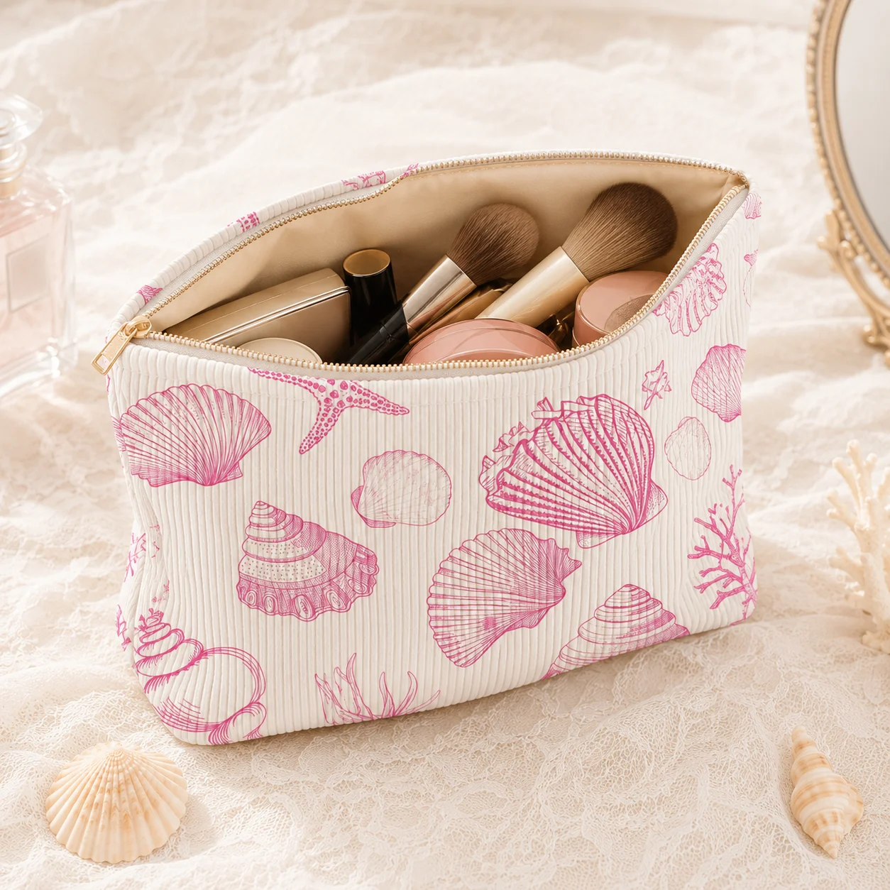 Women's Corduroy Makeup Bag Pink Seashell Print Large Capacity Zipper Cosmetic Pouch for Travel Beach Vacation Toiletries
