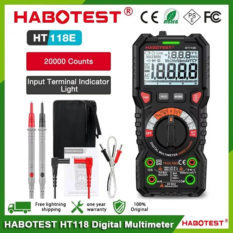 

HABOTEST HT118D/E True RMS Manual Range Professional 6000 counts Digital Multimetro Ohm Hz Capacitance Hz Voltmeter Multitesters