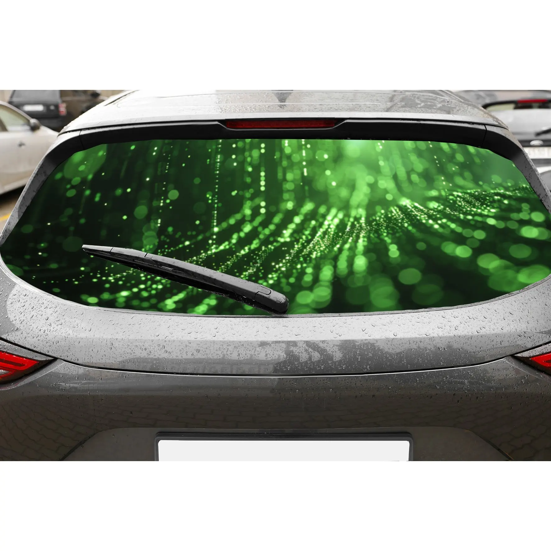 

Green Glowing Dots in Darkness Car Rear Window Vinyl Wraps, Waterproof Self-adhesive Car Vinyl Wraps, Surface Protection, Person