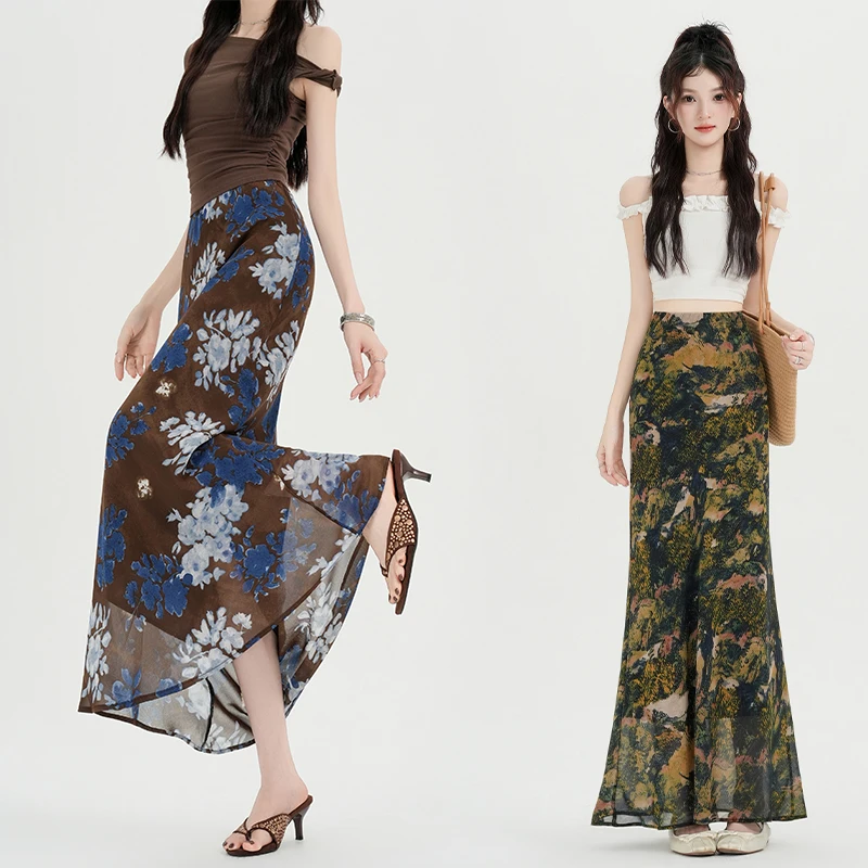 Women's Skirt Vintage Floral Chiffon Bodycon Fishtail Long Summer Korean Sweet Elegant Slimming Chic Classic Trendy Fashion