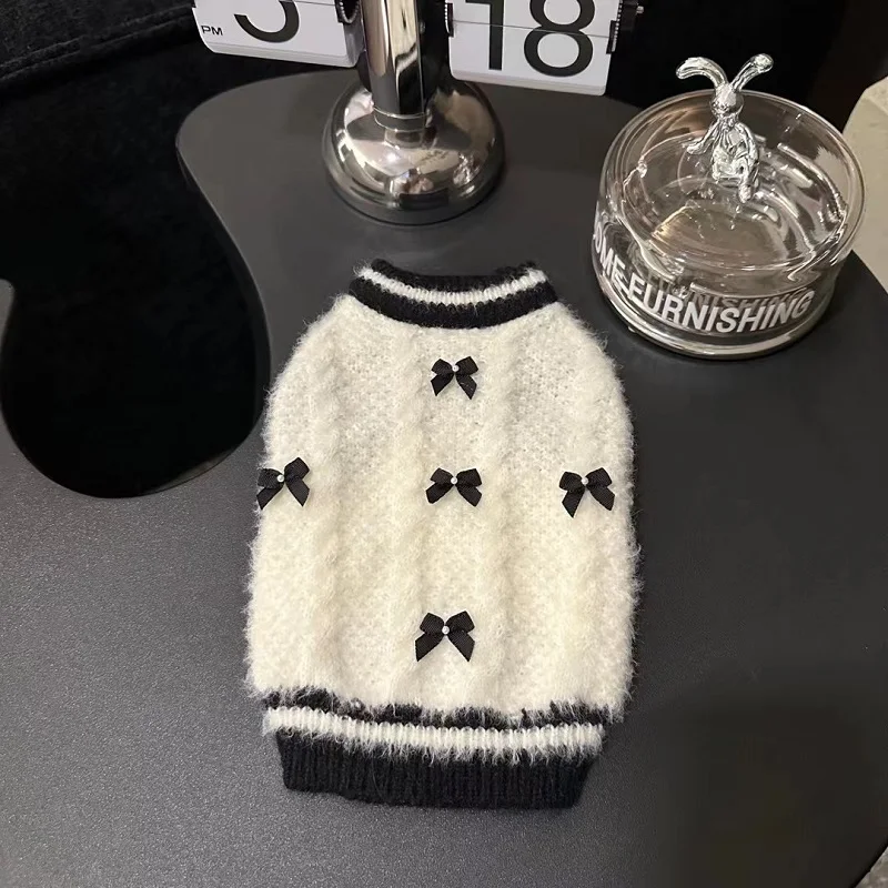

Fashion Soft Sweater Puppy Clothing Home Wear Cute Bow Black White Sweaters For Small Medium Dog Pet Clothes Schnauzer Poodle