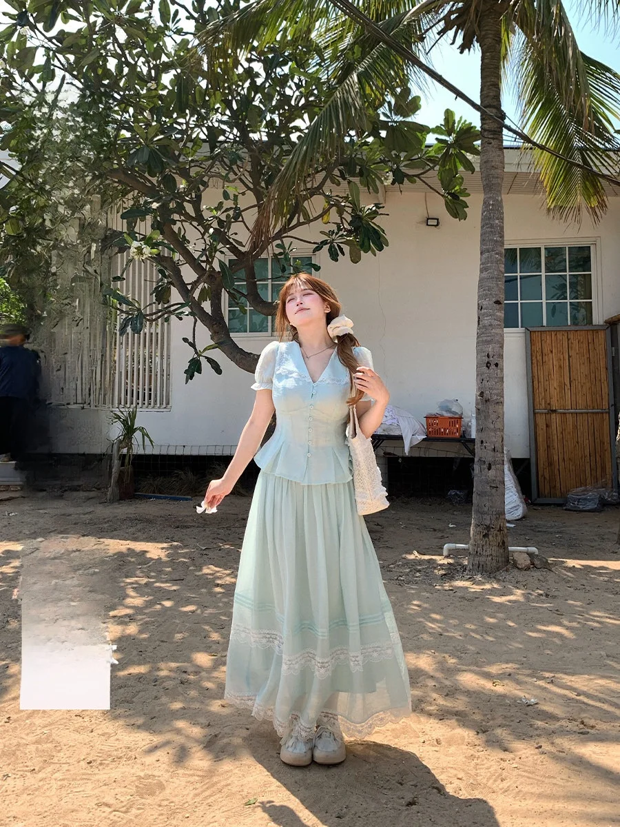 

Annie Fairy Feel Lace Trim Blouse Half Skirt Set Women plus Size Waist Cinched White Two Piece Set French Style Breathable