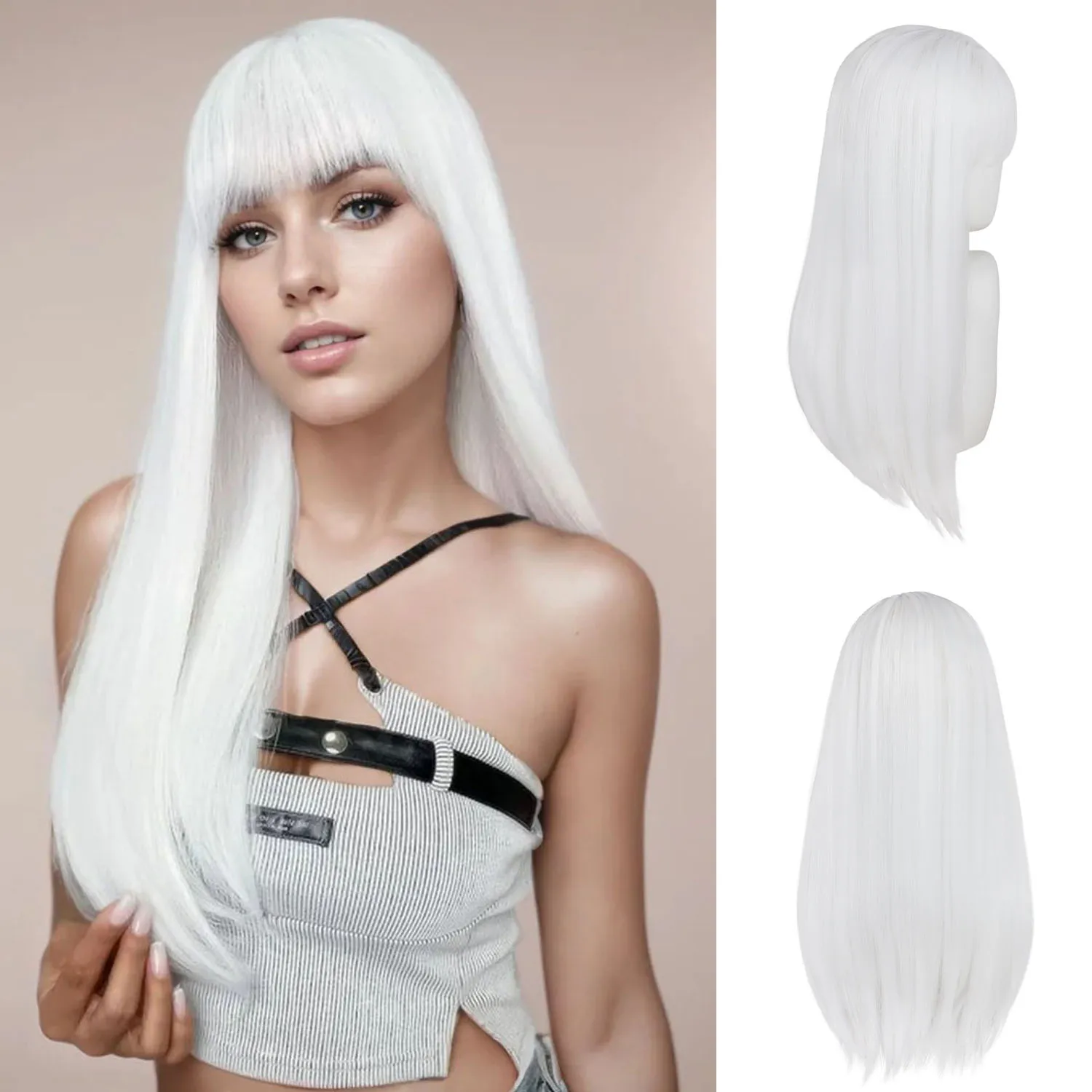 

26-дюймовые длинные белые волосы, парики для женщин, синтетический прямой парик с челкой, естественный вид, повседневный косплей, термостойкий