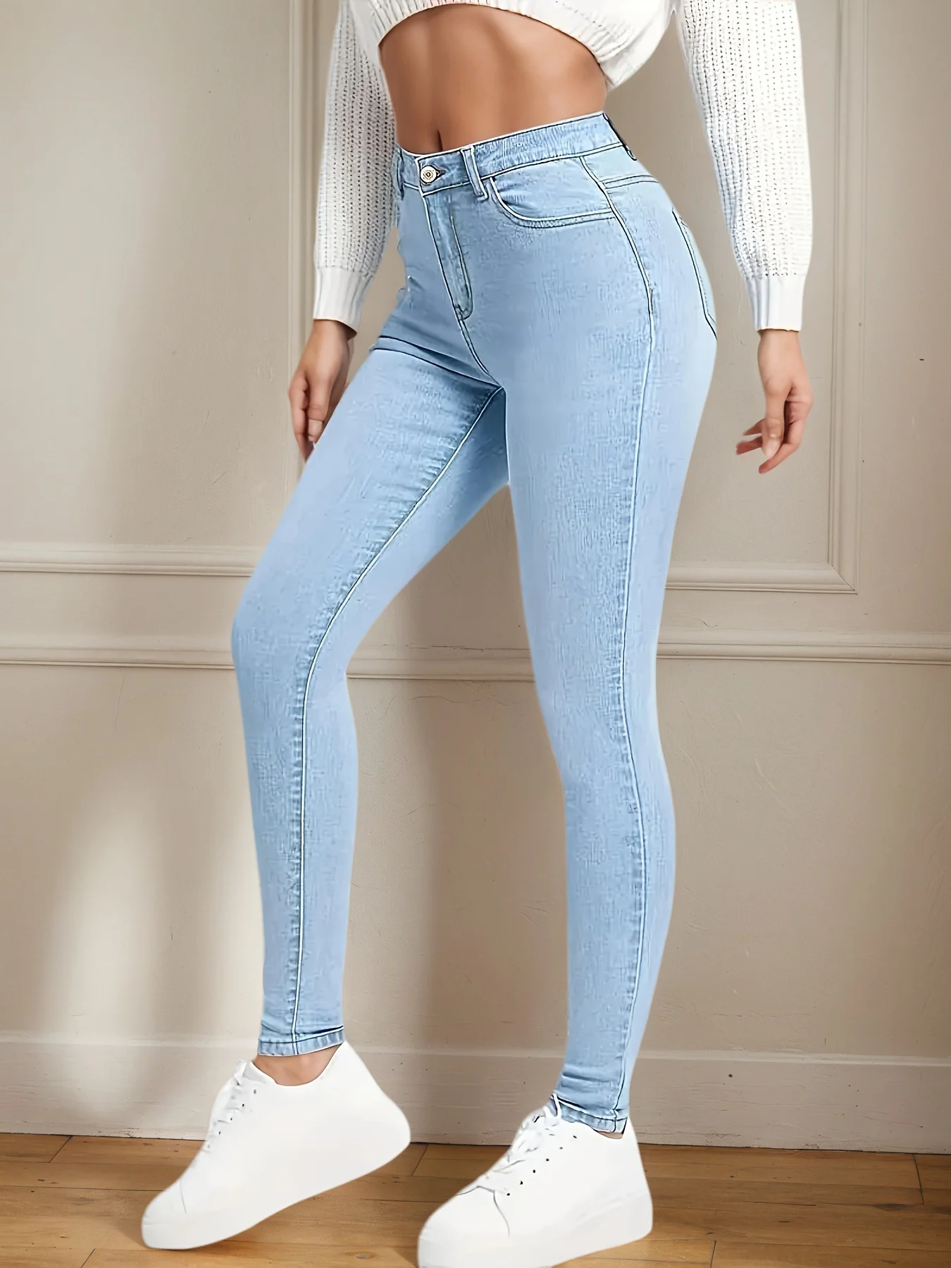 

Women's high stretch tight jeans, high waist slanted pocket slim fit jeans, women's denim clothing