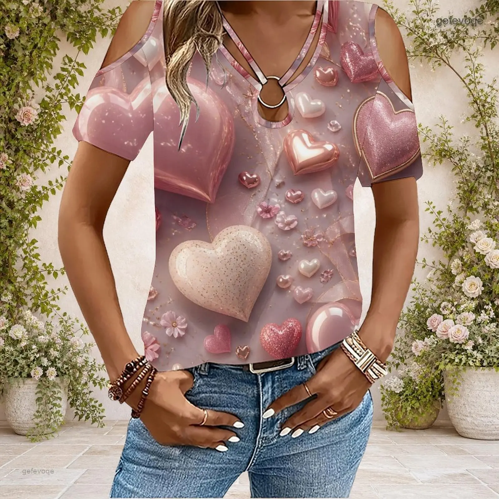 Women Cold Shoulder Short Sleeve T Shirt V Neck O Ring Keyhole Cutout Loose Casual Top Custom Print Ladies Daily Blouse - view 6