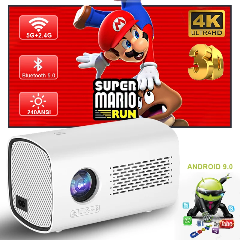 Support 4K Projector 1080P Full HD Portable Projector 240ANSI Android 9.0 LED Projection TV 5G WiFi6 BT5 Home Theater Projector