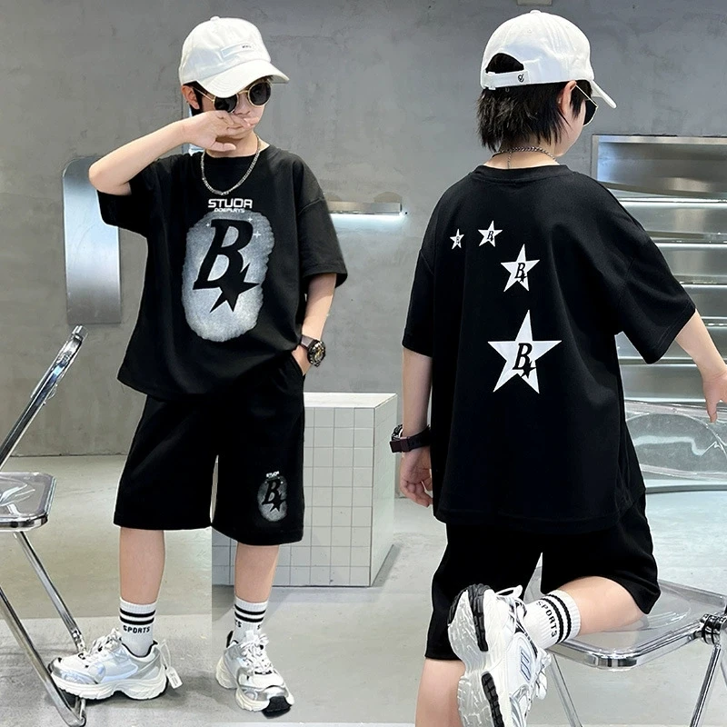 New Summer Teenager Boys Clothing Set Cotton Letter Short Sleeve T-shirt Shorts 2Pcs For 4-14 Years Kids Tracksuits Child Cloth