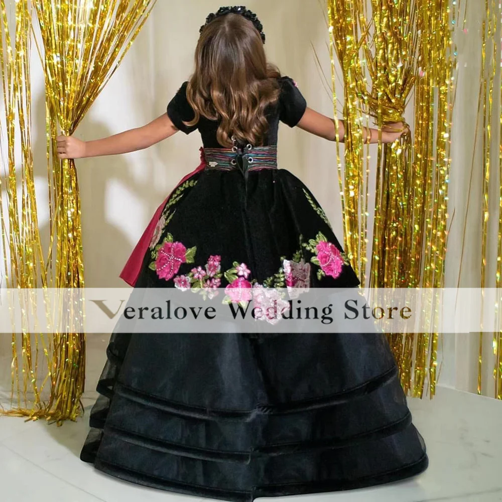 Embroidery Ball Gown Children Princess Pageant Dress Puffy Flower Girl Birthday Dress Photography Mexican Style