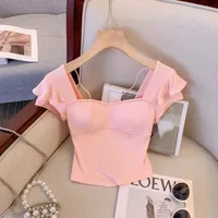 Korean Sle Versatile Design Square Collar ort Sve T-irt ow Body ape Ele Small Flng Sve Belly up Top