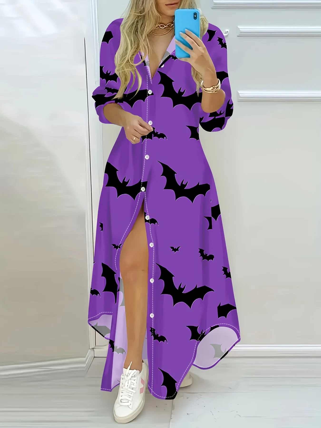 Halloween-Kleid für Damen, langärmelig, lila, schwarz, Fledermaus-Druck, A-Linien-Kleid, lässiges Partykleid, Herbst-Winter-Modekleid
