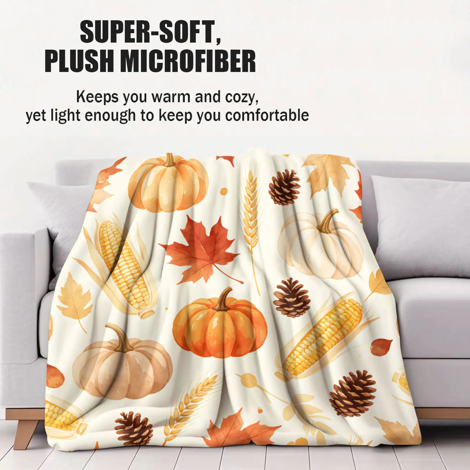 Fall Thanksgiving Flannel Throw Blanket Watercolor Pumpkin Maple Leaf Corn Pine Cone Wheat Print Lightweight Warm Cozy Blanket