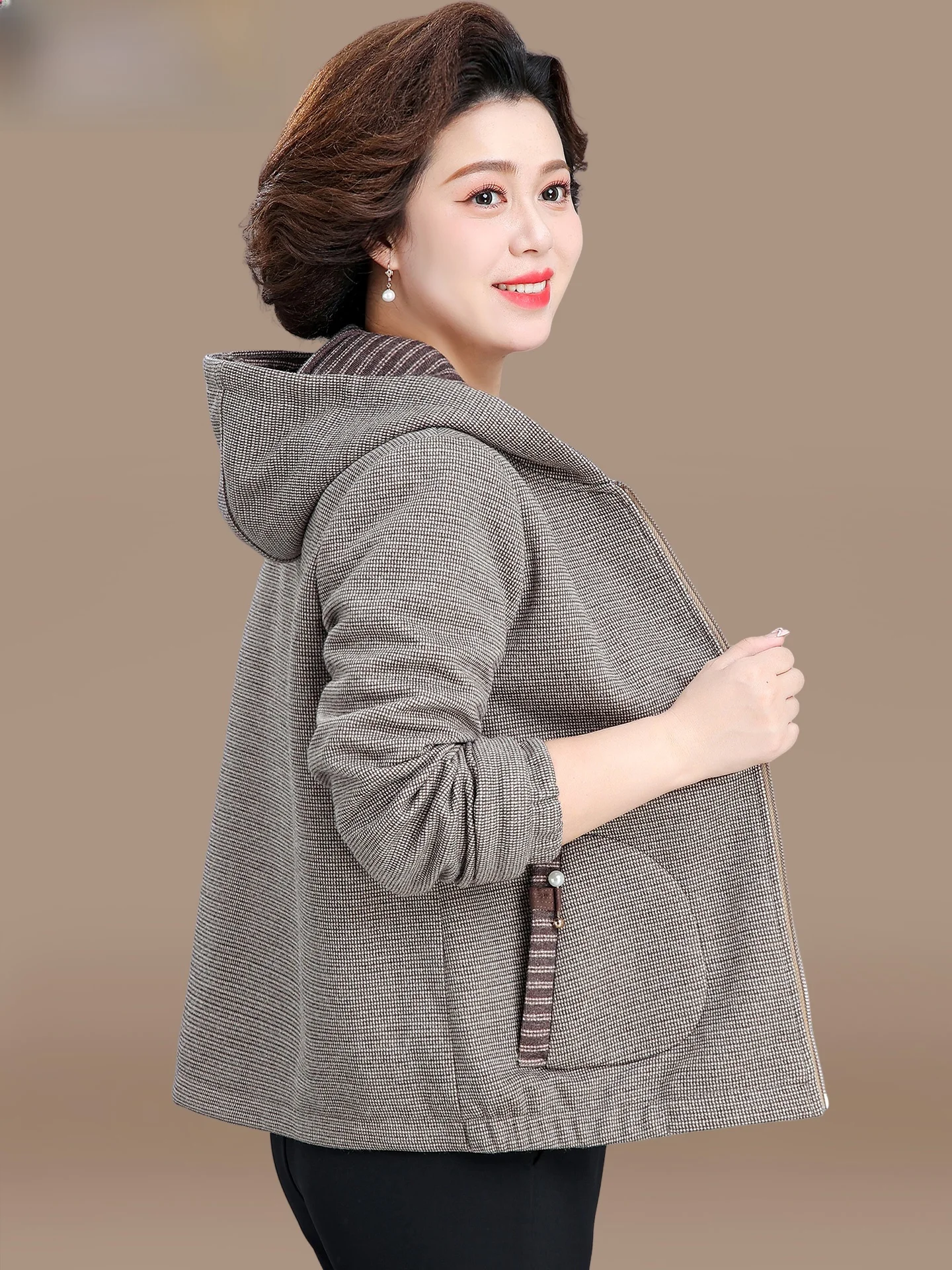 

Casual Loose Women's Autumn Jaet for Middle-Aged And ly Faionable Windproof Zipper Handbag Side ket Hooded Coat