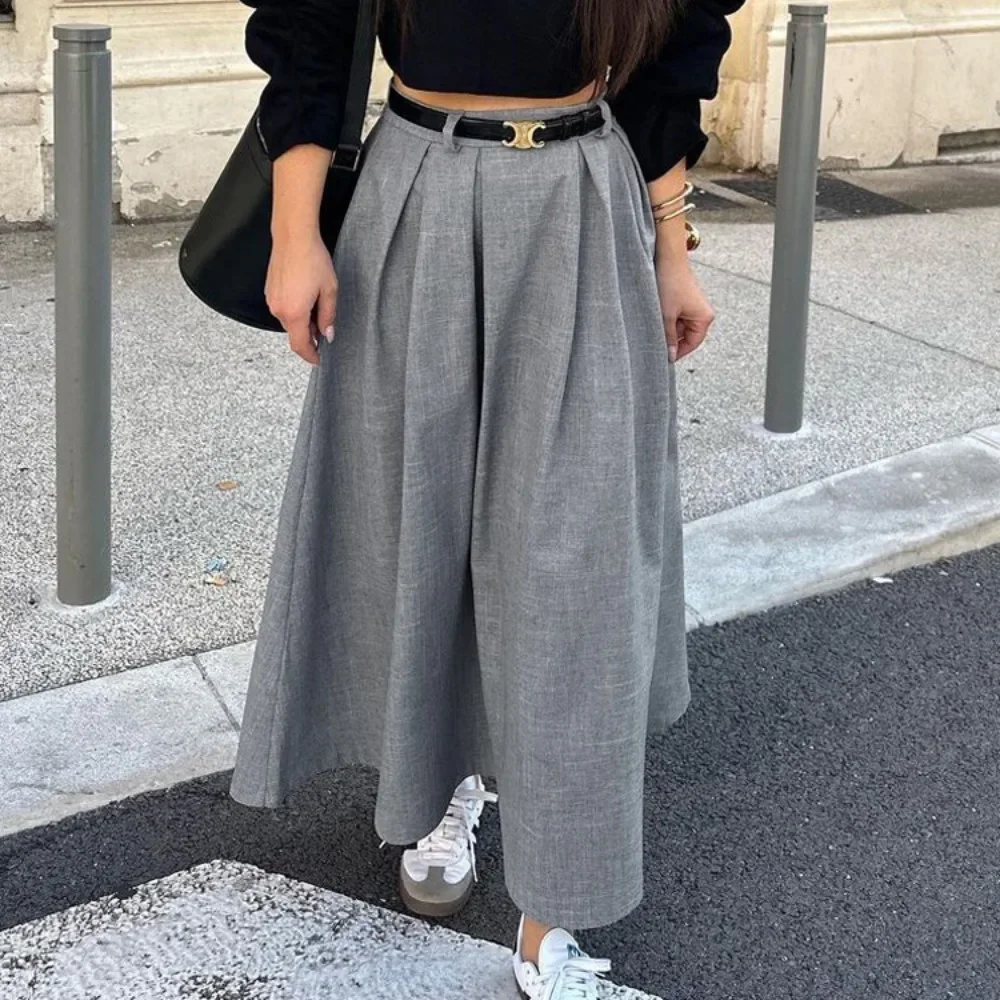 Retro Grey Elastic Large Swing Casual Skirt 2025 Spring and Summer Women Solid Color Loose Breathable High Waist Pleated Skirt