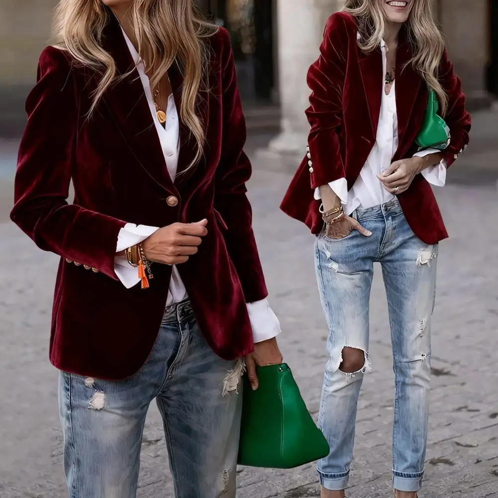 Golden Velvet Blazer Suit Coat Lapel Long Sleeve Single Button Suit Jacket with Flap Pockets Slim 3D Tailoring Outerwear