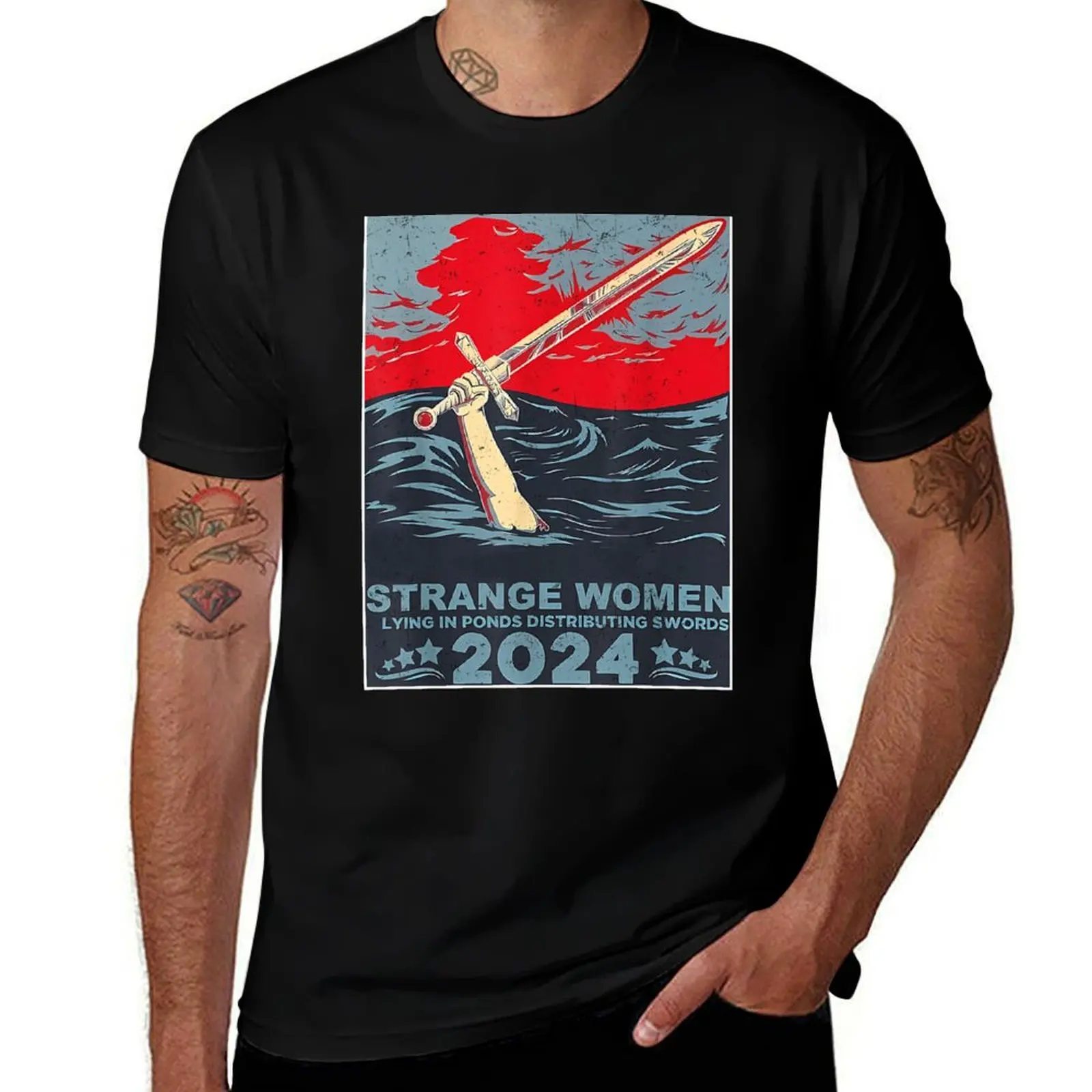 Strange Women Lying In Ponds Distributing Swords T-Shirt Novelty Print Casual Tee Shirt