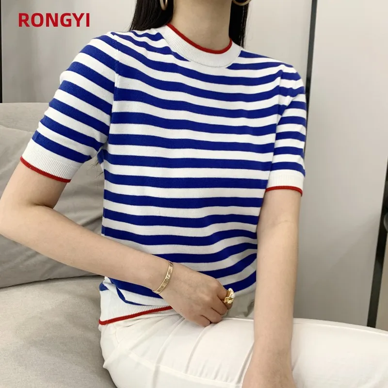 RONGYI Summer Women\'s O-Neck Striped 100% Cotton Short Sleeve T-Shirt With Loose Pullover Casual Knit Top High Quality 5 Sizes