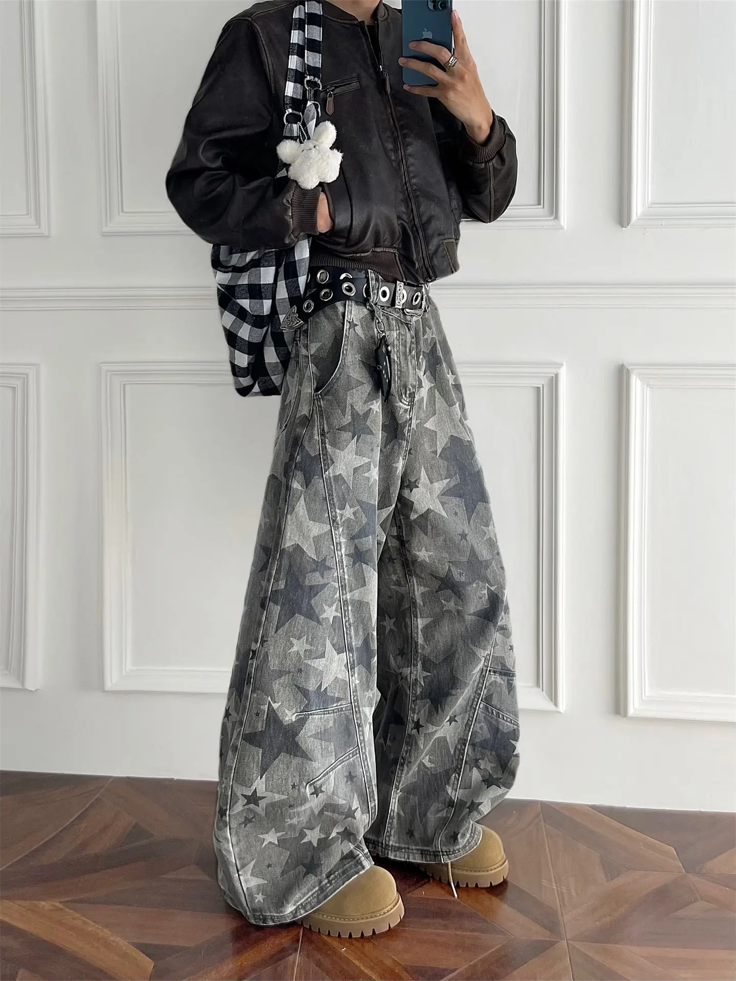 Women's Green Star Camouflage Jeans Y2k Gyaru Baggy Oversize Denim Trousers Vintage Harajuku Grunge Alternative Wide Jean Pants
