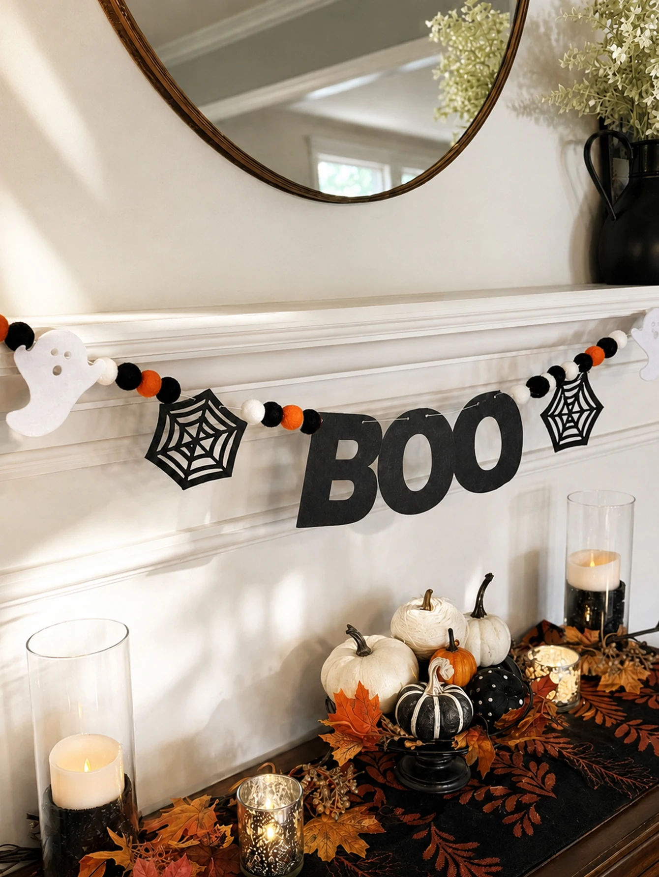 Halloween BOO Felt Banner Garland with Ghost Spider Web Pom Pom Balls Fireplace Mantel Wall Hanging String Decor for Home Party