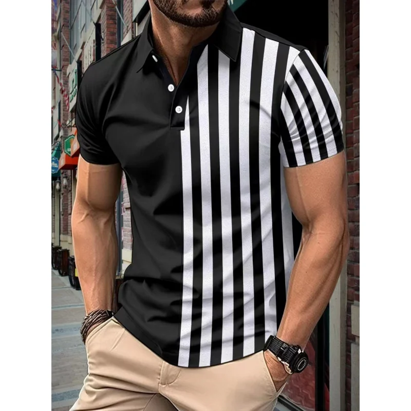 Men's Short SleevepoloShirt, Striped Printing Lapel Polo Shirt, Independent Station, Summer, New, GZMS-2024L