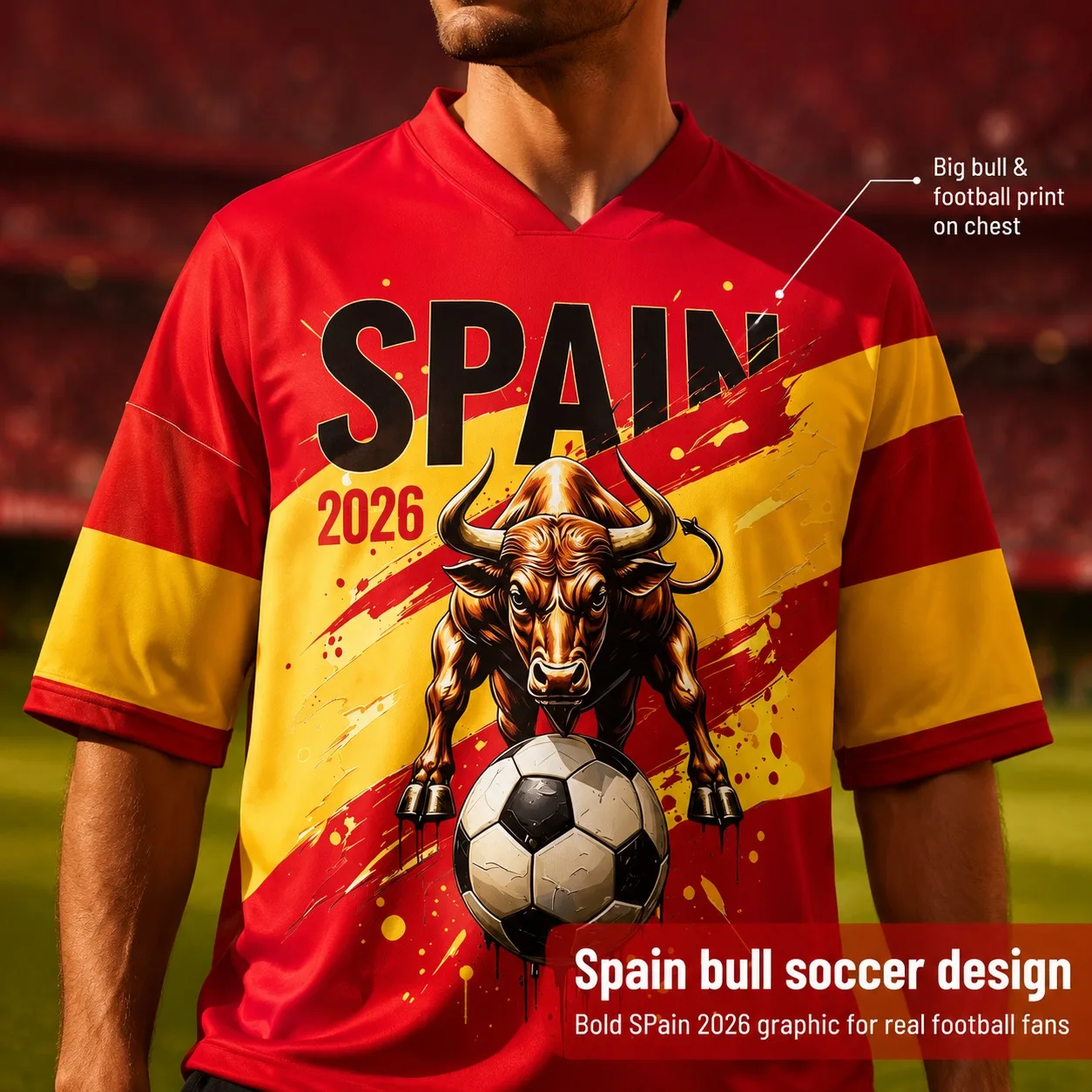 Spanish Bulls Men's Football Clothes With Red And Yellow Flag Stripes, Splash Print Loose, Casual Sports T-shirt