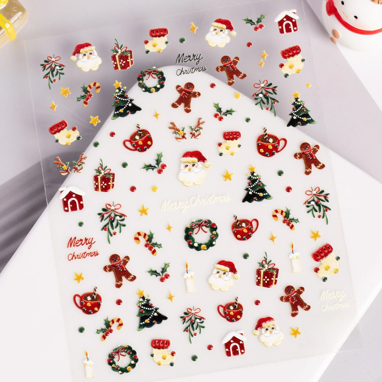 1 Set 5D Embossed Christmas Nail Stickers Santa Elk Festive Self Adhesive DIY Manicure Nail Decor