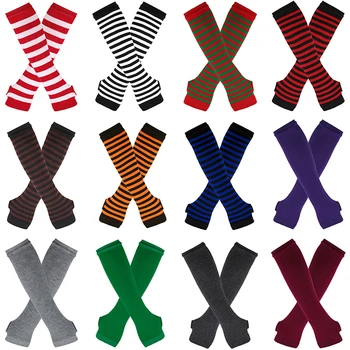 Zimowe ciepłe długie rękawiczki bez rękawów w paski bez palców rękawiczki do łokcia dla kobiet mężczyzn Hip-Hop dzianinowe rękawiczki na łokieć odkryty ocieplacz na ramiona