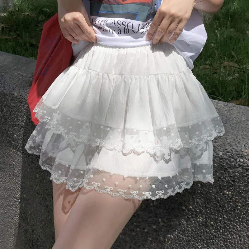 

Women's Sweet Ballet Lace Spliced Mini Skirts Summer High Waist Ruffle Lolita Short Skirt Elastic Waist Gothic Y2K Tutu Skirt