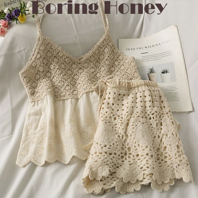 

Boring Honey Fashion Retro Splicing Contrast Colors Suit Loose And Comfortable Thin Crop Tops Women Gallus Lace-Up High-Waisted