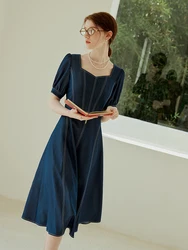 FSLE Dark Blue French Style Square Collar Imitation Denim Dress For Women 2024 Summer New Slim Fit Chic Dress 24FS12139