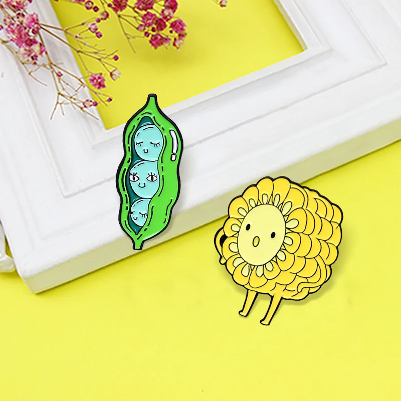 Green Peas Yellow Corn Enamel Pins Sunflower Soya beans Funny Vegetables Baby Brooches Bag Clothes Lapel Jewelry Gift For Kids