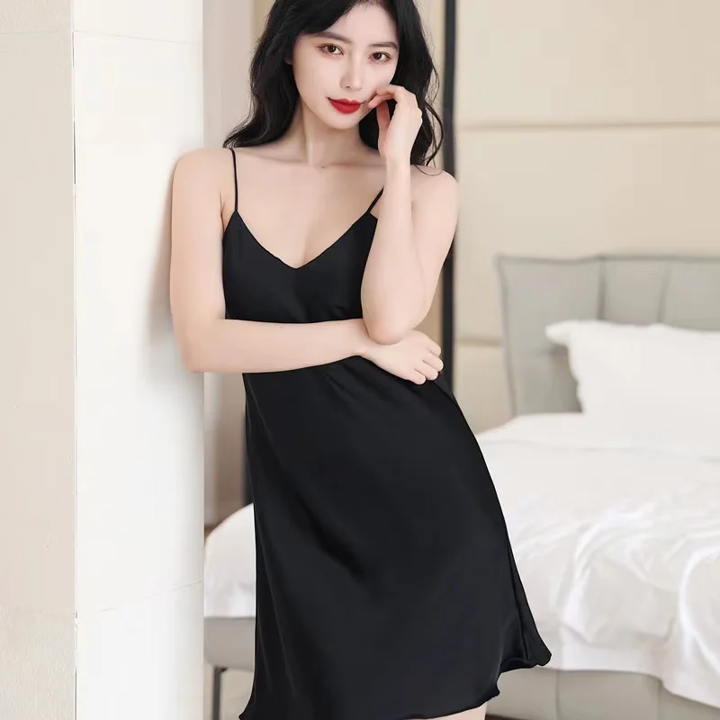High Quality Summer Sexy Silk Slip Nightdress Pajamas Women's Thin Ice Silk Home Sleeveless Dress Women Solid Home Wear