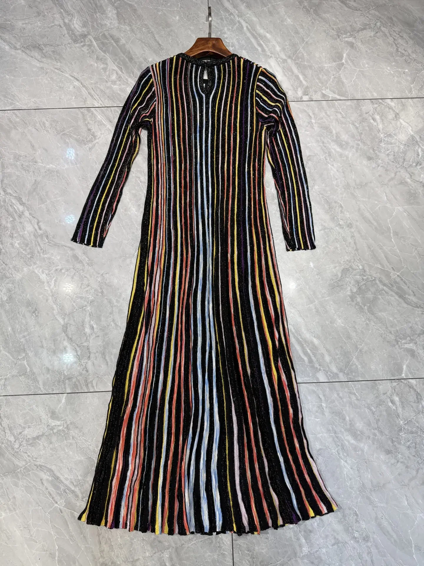 

Women Striped Vintage Knitted Long Dress 2025 New Metallic Sequined Round Neck Long Sleeve Elegant Ladies Knit Robe