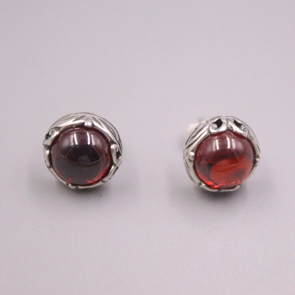 Authentic S925 Sterling Silver Red Garnet Bead Women Lucky Stud Earrings