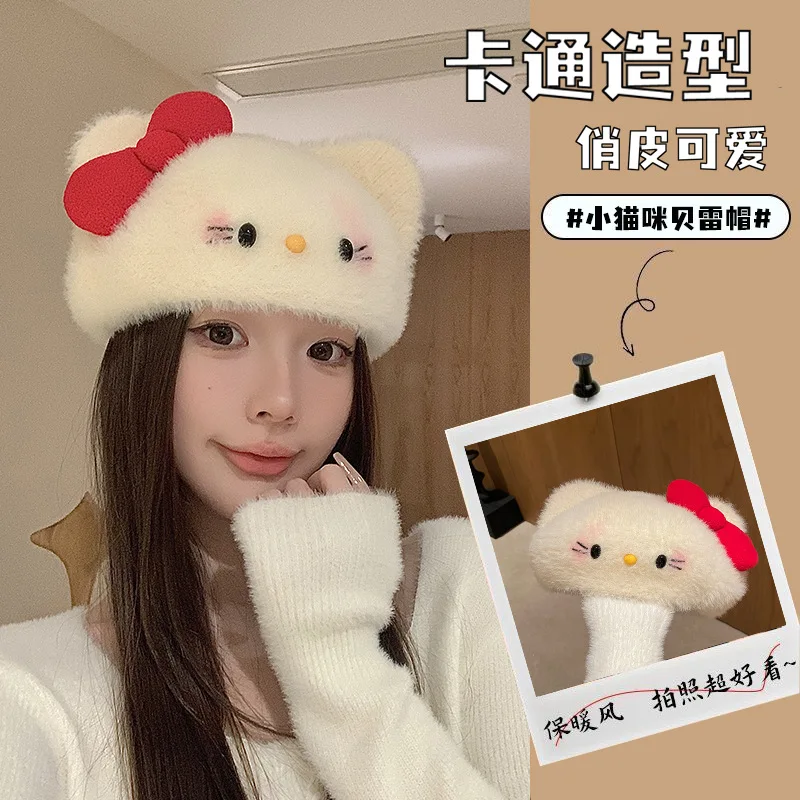 

Sanrio Hello Kitty fashion Soft Girl Bow Plush Bonnet Cute Sweet Autumn Winter Warm Beret Warm Soft Girl Sweet Painter Cap Gift