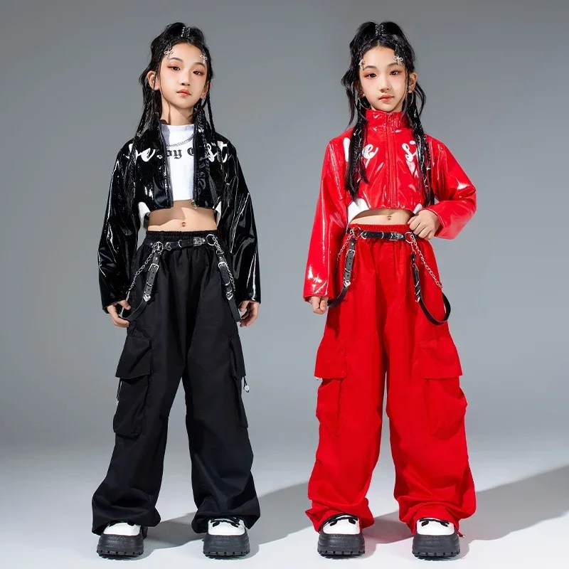 الفتيات الهيب هوب ملابس رقص الأطفال الشارع الحديثة ملابس الرقص طفل الجاز Kpop مرحلة الملابس سترة حمراء السراويل البضائع السوداء VDL2169