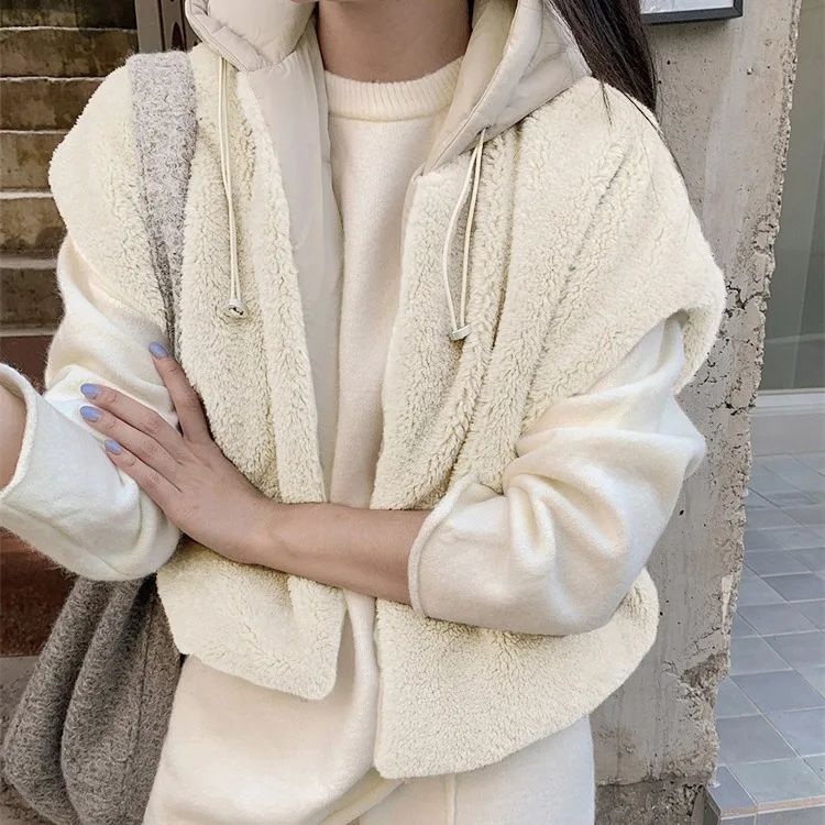 Autumn Winter Hooded Casual Faux Rabbit Fur Vest Two-Sided Wear Short Coat Women's Versatile Style Regular Thickness Pure Color