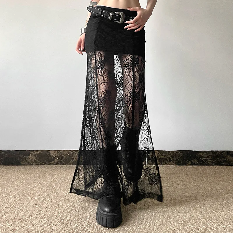 Gothic Cosplay Punk Lace Patchwork Long Skirt Coquette High Waist Bodycon Skirts Sexy Sheer Hem Split Bottoms Elegant Techwear