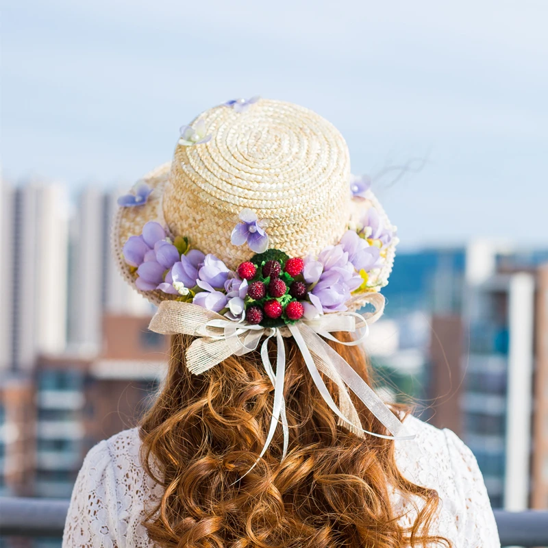 Topi Matahari Wanita Baru untuk Orang Tua-anak Karangan Bunga Rumput Sastra Retro dengan Pita Renda Topi Jerami Datar Topi Liburan Pantai