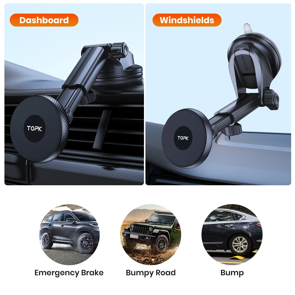 TOPK Mag-Safe Car Phone Holder Magnetic Phone Car Mount for Windshield and Dashboard Strong Suction Magnet Adjustable Long Arm