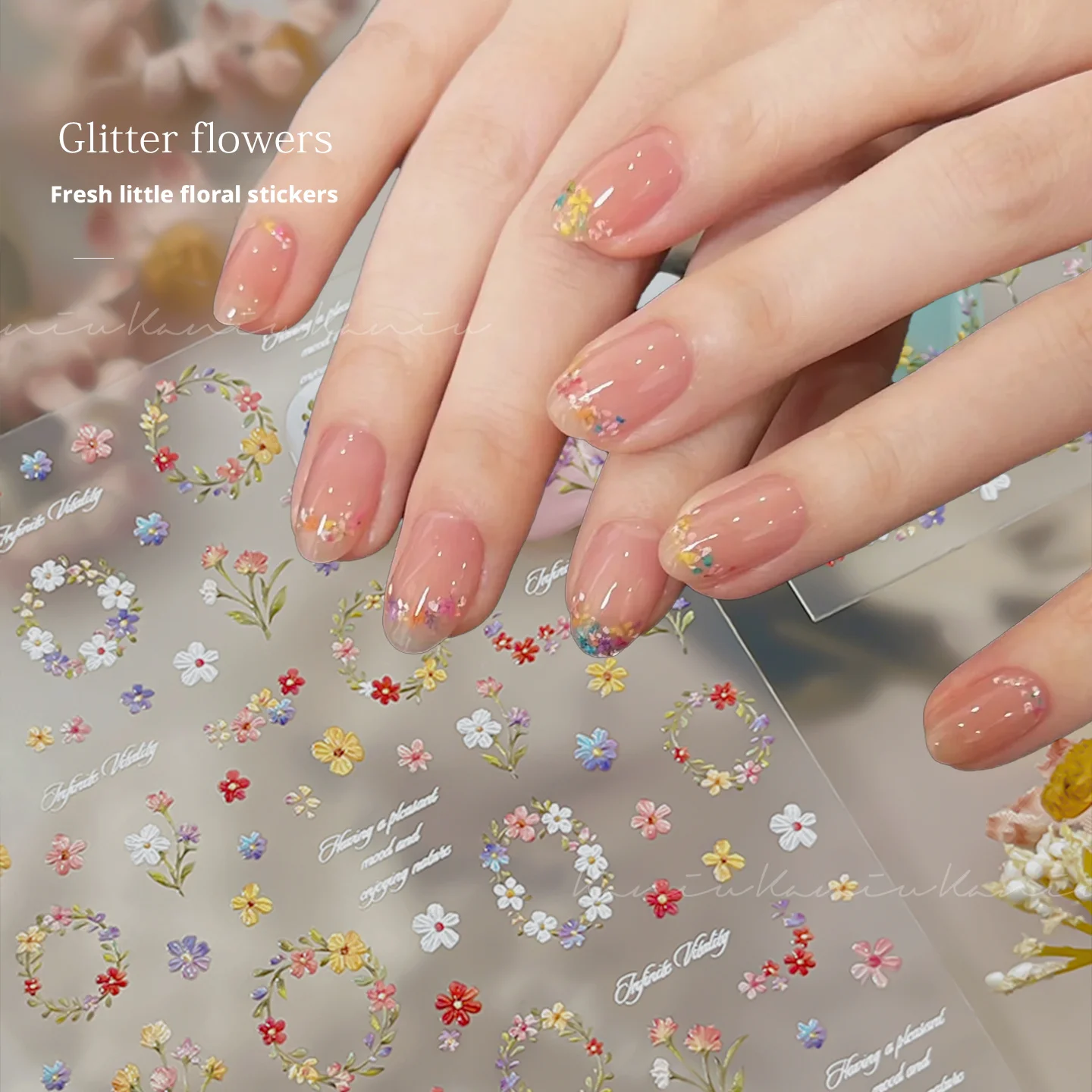 1PCS Dopamine Butterfly Flower Nail Stickers Spring Flowers Tulip Leaf Relief White French Line Floral Fresh Spring Nail Decals