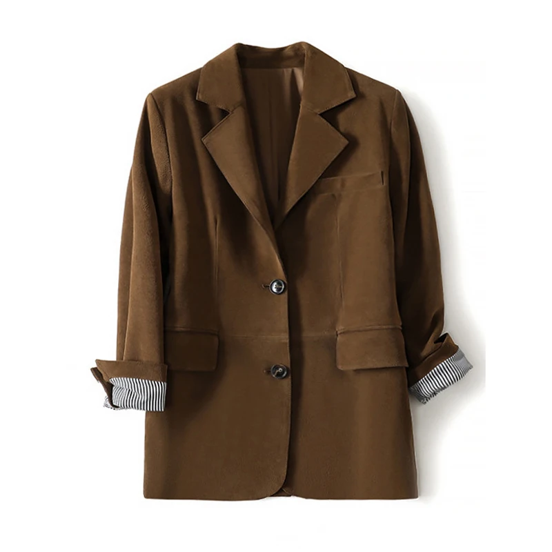 Retro Płaszcz ze Skóry Zamszowej w Kolorze Kawy z Motywem Krowy, Jesienno-Zimowy, Damski, Normalny Krój na Ramionach, Dwa Guziki, Wąski Krój, Rękawy w Paski, Skórzana Marynarka, Chaqueta Mujer