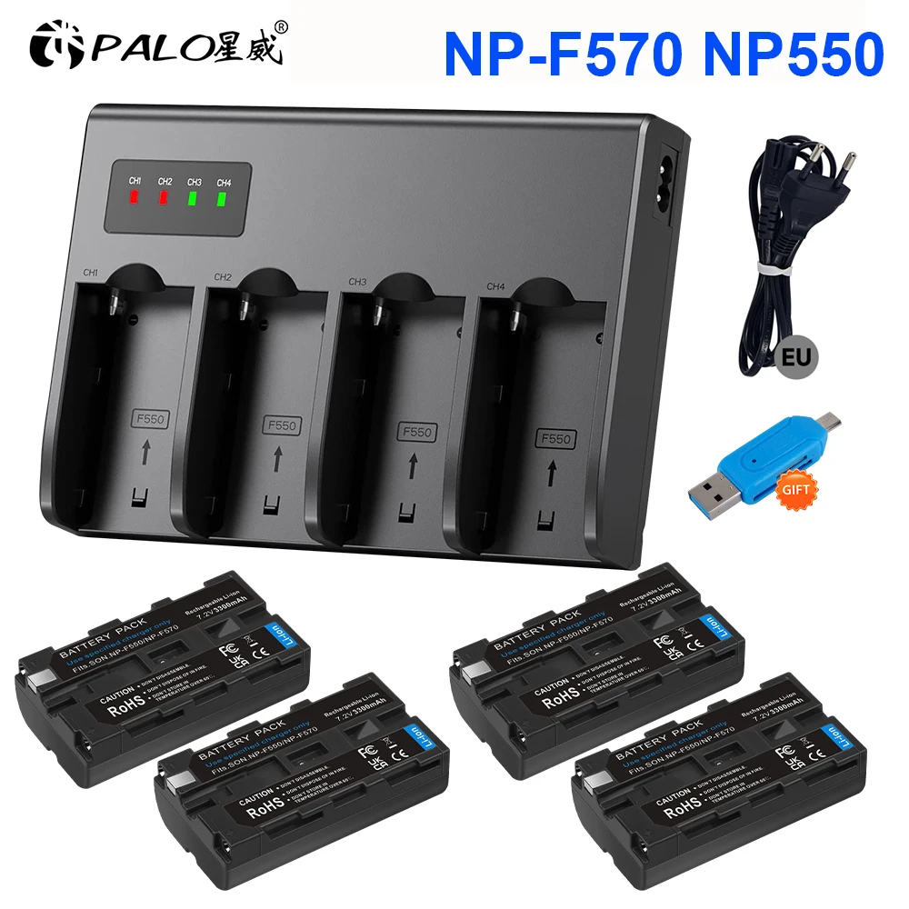 PALO 3300mAh NP-F550 NP-F570 camera battery+LCD 4-Slots charger For Sony NP-F980 NP-F960 NP-F570 NP-F750 CCD-RV100 LCD charger