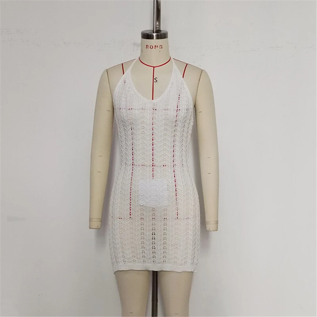 Halterneck, rückenfreies, gehäkeltes, gestricktes Tunika-Strandkleid, Strandmode, Strandbekleidung, Strand-Cover-up, Damen, V6480 – Detail 9