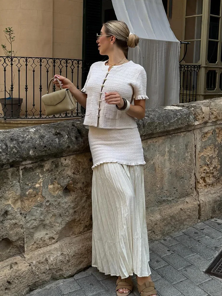 เสื้อครอปแขนสั้นผู้หญิง HH แบบเซ็กซี่ คอทรงโอ แต่งลายลามิเนต มีกระเป๋า เหมาะสำหรับฤดูร้อน ผ้าถัก