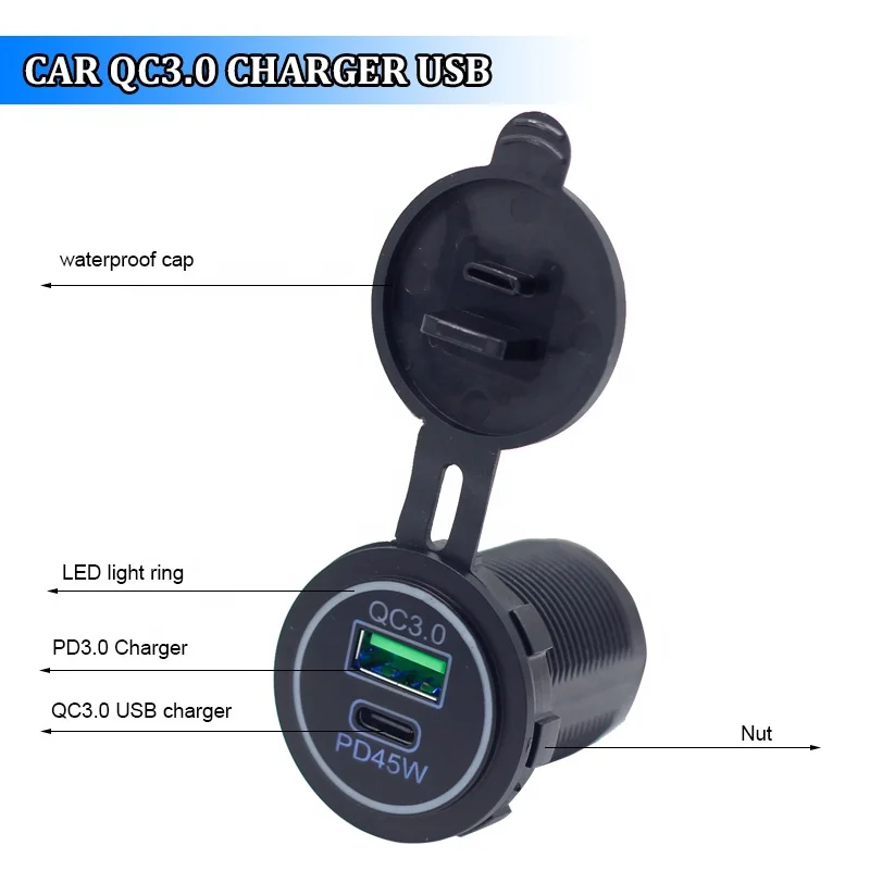 12V 24V Universal Dual Port Bus Car Socket QC3.0 USB Type C 45W PD USB Car Charger