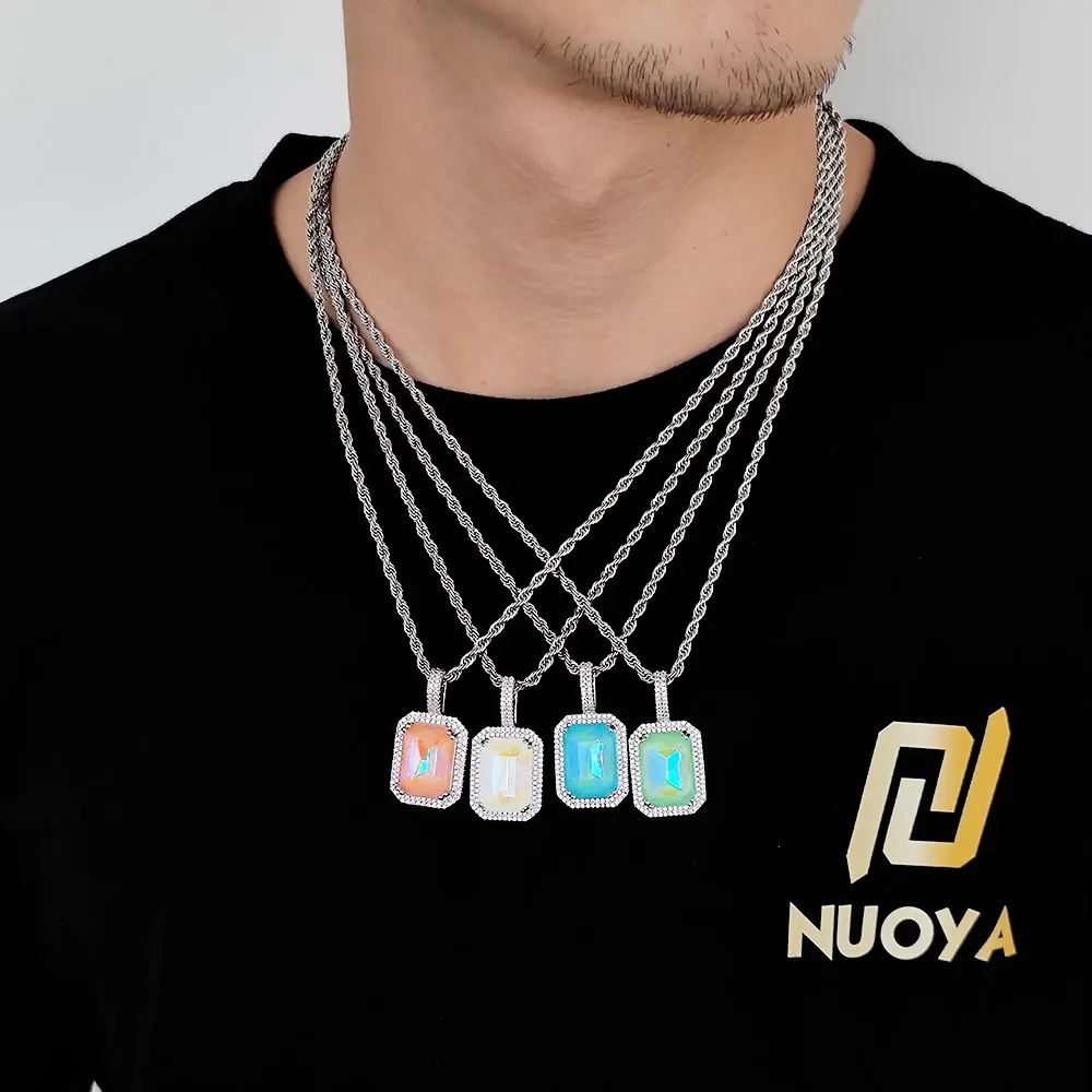 Hot selling Mocha Fluorescent Square Solid zircon Colored Gem Pendant Hip Hop Men\'s And Women\'s Inset Bling Zircon Necklace